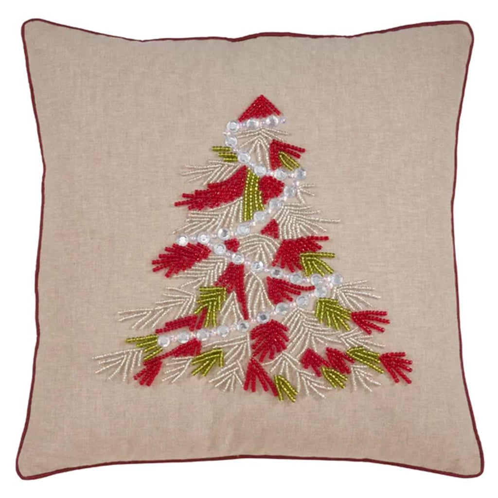 Fennco Styles Beaded Christmas Tree 100% Cotton Decorative Throw Pillow Cover 18 x 18 Inch - Beads Pillow Case for Holiday Décor, Couch, Living Room and Bedroom Décor