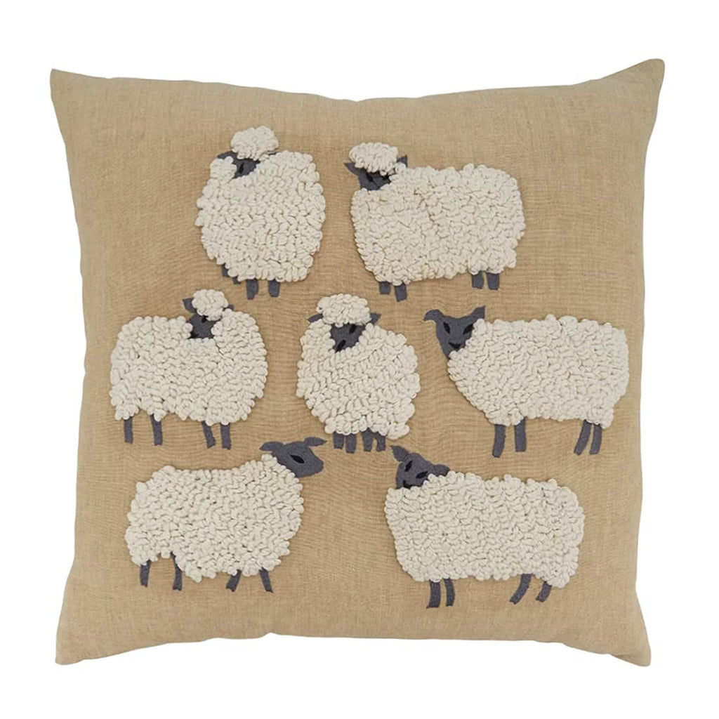 Fennco Styles Embroidered Sheep Cotton Decorative Throw Pillow 18" W x 18" L - Grey Animal Cushion for Home, Couch, Living Room and Office Décor (Natural, Pillow Cover)