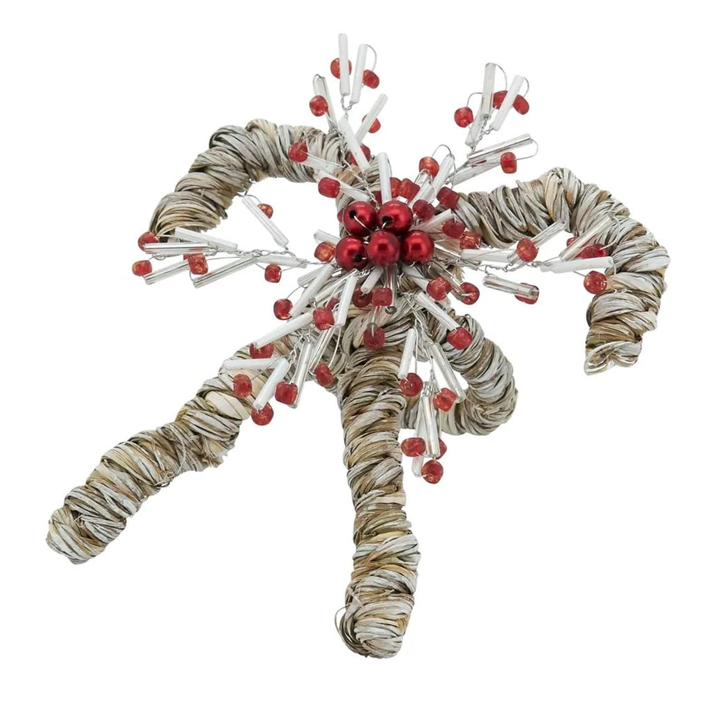 Fennco Styles Seagrass Candy Cane Christmas Napkin Rings, Set of 4 - Red & White Glass Beads Napkin Holders for Dining Table, Banquet, Family Gathering, Holiday Décor and Special Occasion