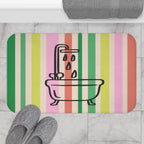 Striped Pastel Bath Mat with Bathtub Icon — Cute Bathroom Rug