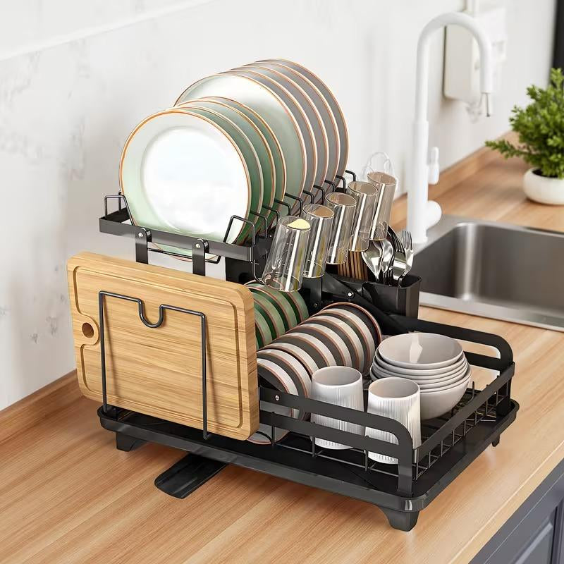 Deristic 2-Tier Stainless Steel Dish Drying Rack with Built-In Drainboard & Utensil Holders