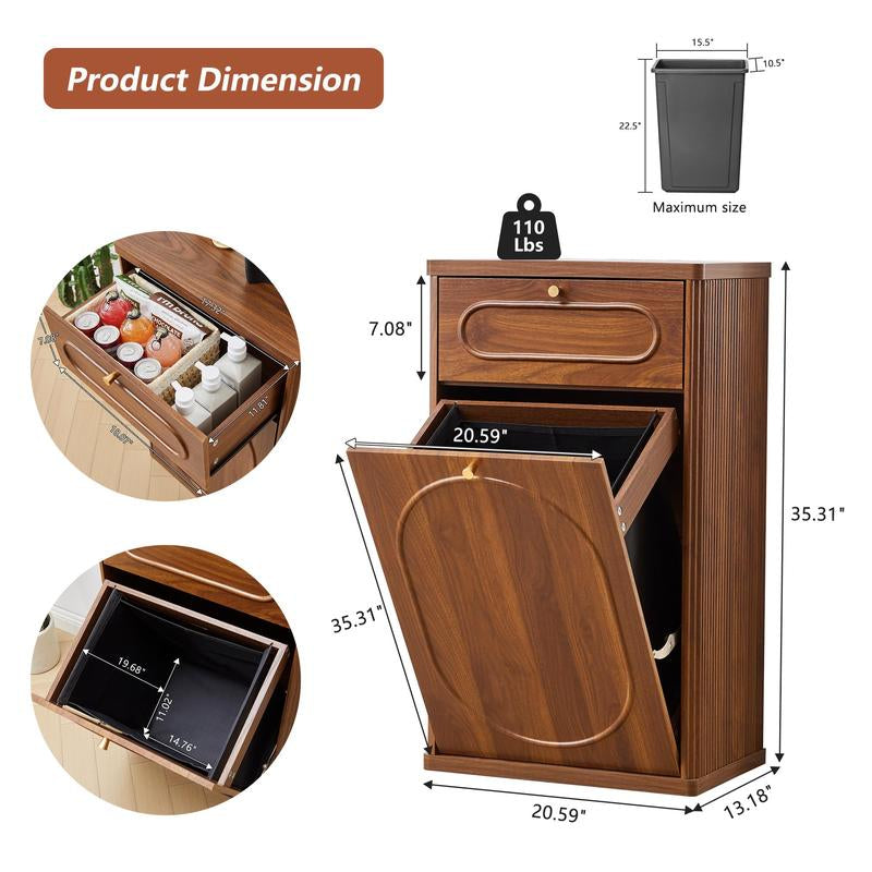 Giratree Tilt Out, Wood Kitchen Garbage Bin with Drawer, Fluted 10 Gallon Laundry Hamper