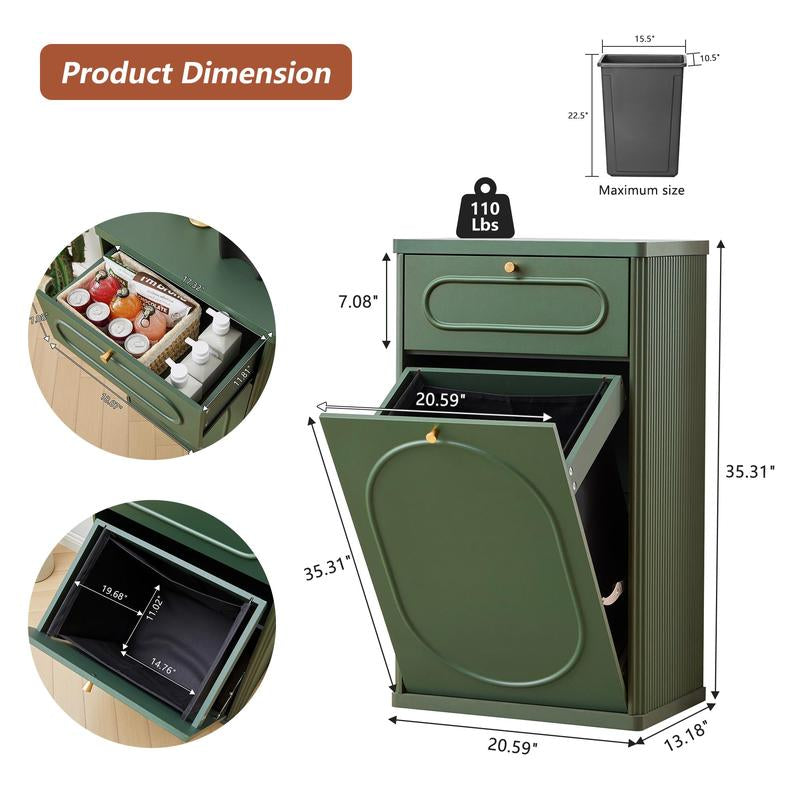 Giratree Tilt Out, Wood Kitchen Garbage Bin with Drawer, Fluted 10 Gallon Laundry Hamper