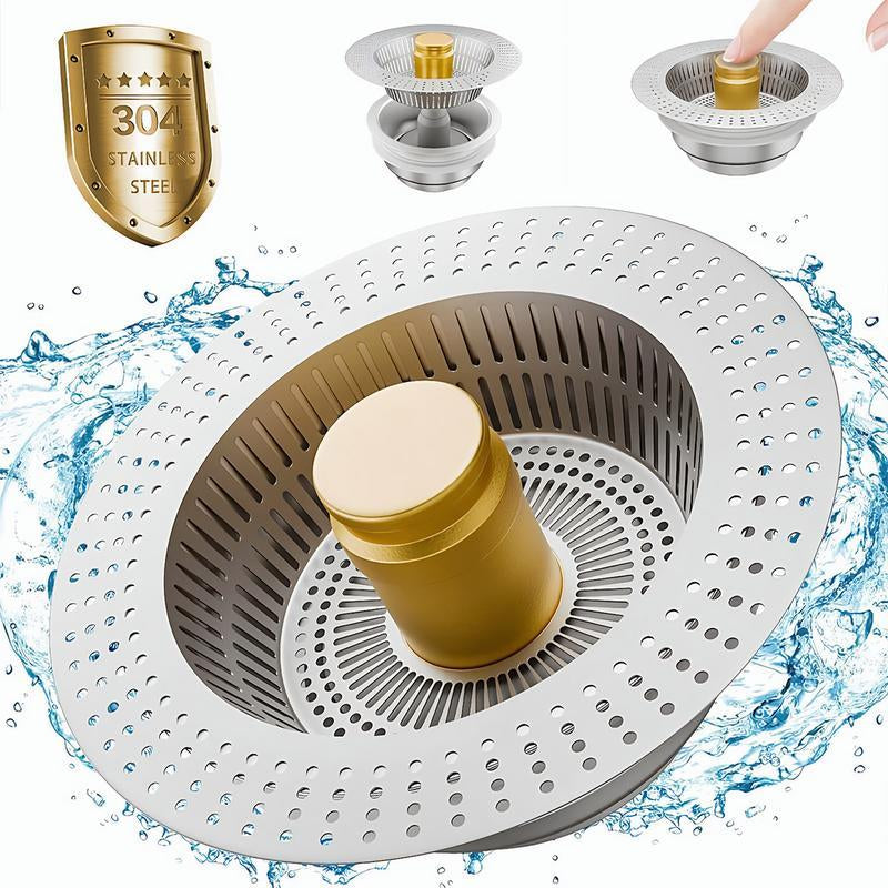 3 in 1 Kitchen Sink Drain Strainer,Universal Stainless Steel Kitchen Sink Stopper, Pop up Anti-Clogging for 3-1/2 Inch US Standard Sink Drain Strainer