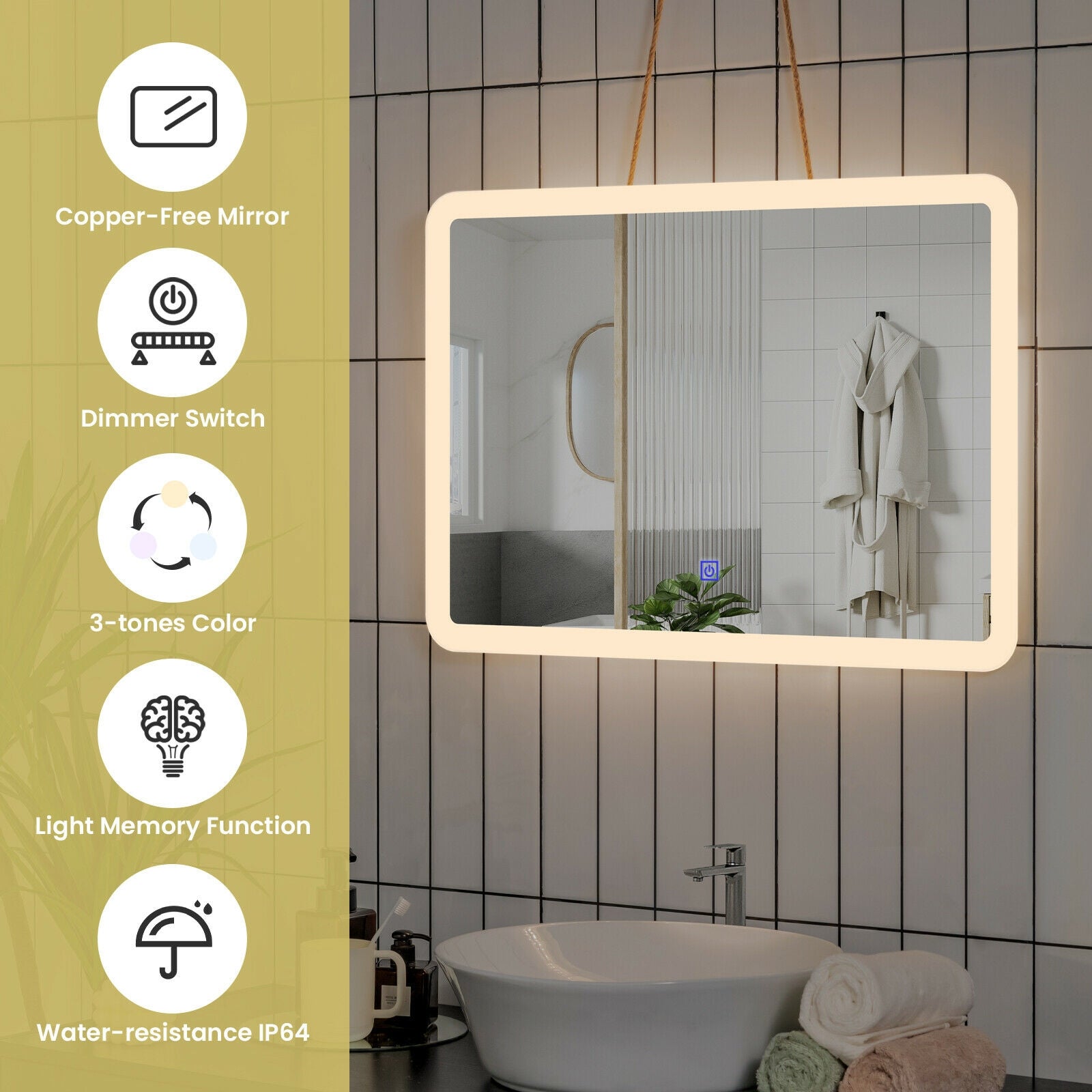 LED Wall-mounted Bathroom Rounded Arc Corner Mirror with Touch Control 28x20 Inch