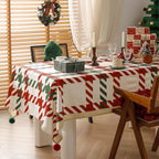 Fennco Styles Red and Green Holiday Plaid Pom Pom Christmas Tablecloth - Cotton Blend Festive Table Cover for Winter Holidays, Banquets, Family Gatherings and Special Occasions