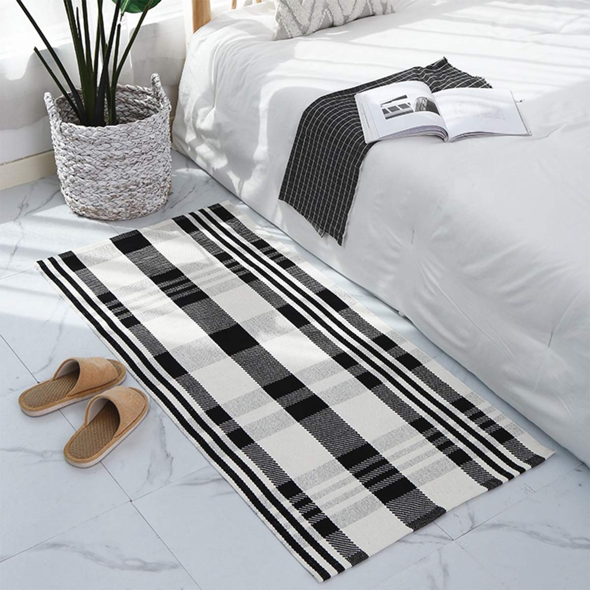 Fennco Styles Black Ivory Classic Plaid Small Area Rug 24" W x 51" L - Cotton Blend Woven Indoor Outdoor Floor Mat for Living Room, Entryway, Bedroom and Floor Décor