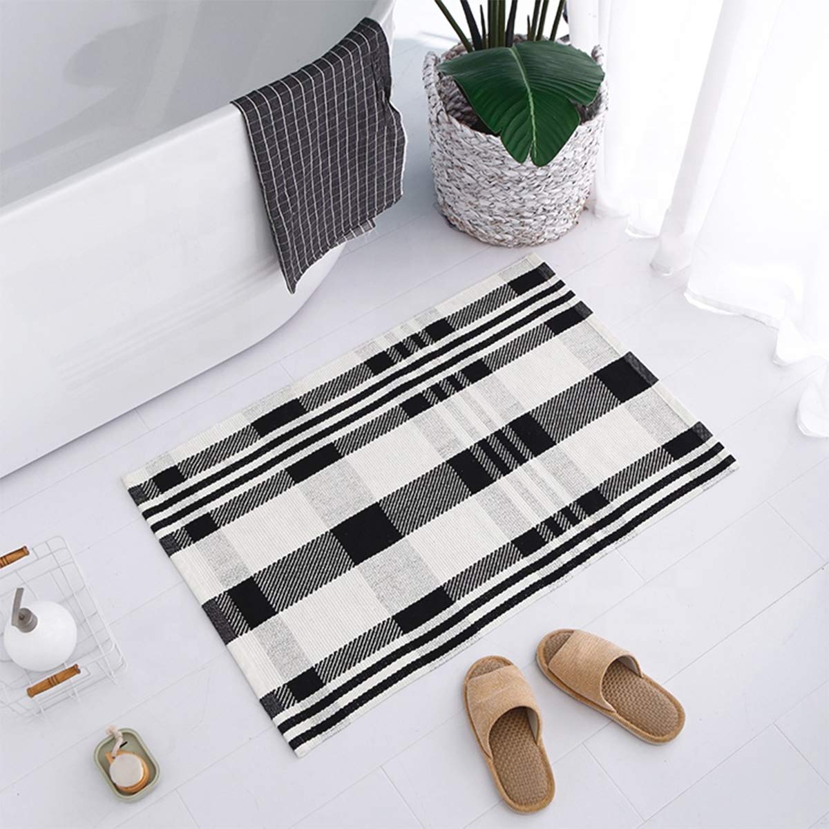Fennco Styles Black Ivory Classic Plaid Small Area Rug 24" W x 51" L - Cotton Blend Woven Indoor Outdoor Floor Mat for Living Room, Entryway, Bedroom and Floor Décor