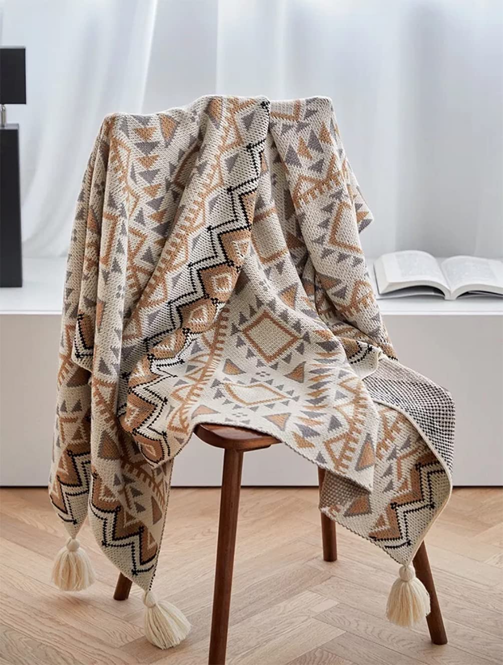 Fennco Styles Geometric Boho Knitted Throw Blanket with Tassel 50" W x 60" L – Multicolored Soft Lightweight Blanket for Couch, Bedroom, Living Room and Office Décor