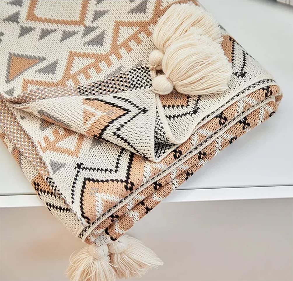 Fennco Styles Geometric Boho Knitted Throw Blanket with Tassel 50" W x 60" L – Multicolored Soft Lightweight Blanket for Couch, Bedroom, Living Room and Office Décor