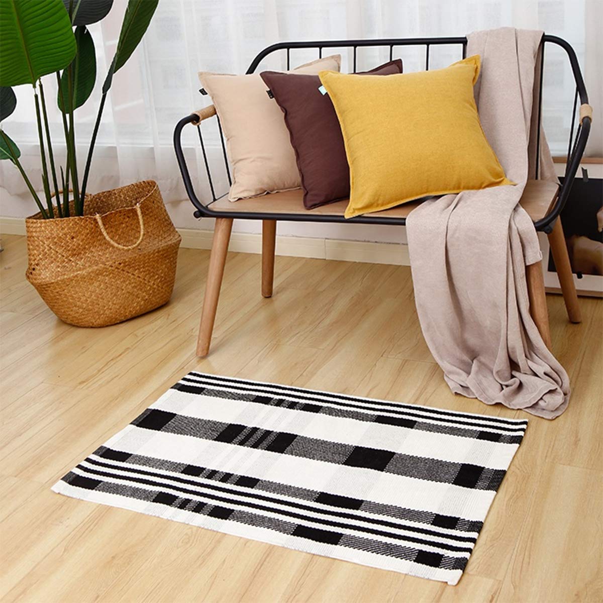 Fennco Styles Black Ivory Classic Plaid Small Area Rug 24" W x 51" L - Cotton Blend Woven Indoor Outdoor Floor Mat for Living Room, Entryway, Bedroom and Floor Décor