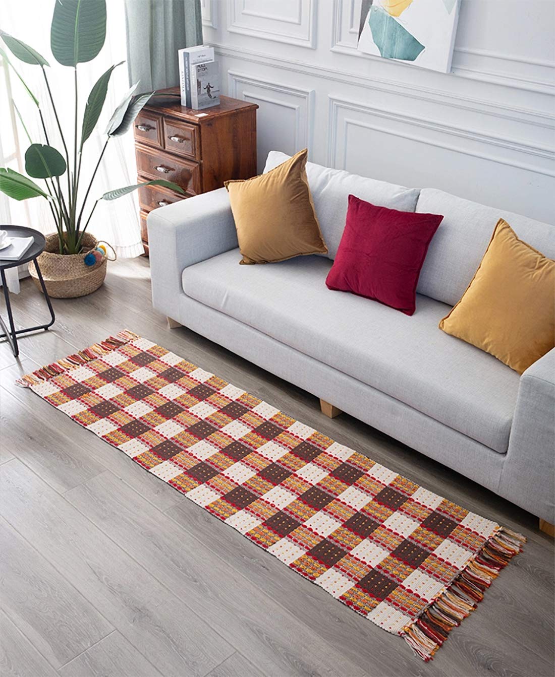 Fennco Styles Multicolor Woven Plaid Hand Knotted Tassel Boho Small Area Rug - Cotton Blend Carpet Indoor Outdoor Floor Mat for Living Room, Entryway, Bedroom and Floor Décor