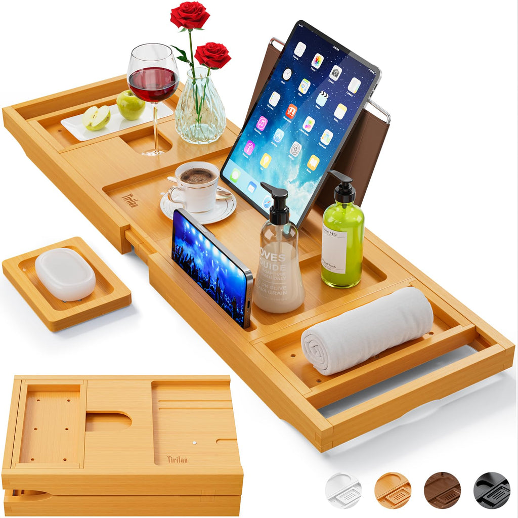 Premium Natural Bamboo, Expandable Bathtub Tray Caddy - Unique House Warming Gifts