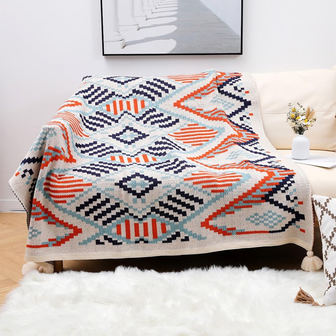 Fennco Styles Multicolored Geometric Knit Throw Blanket with Tassel 50" W x 60" L – Tribal Pattern Boho Lightweight Blanket for Couch, Bedroom, Living Room and Office Décor