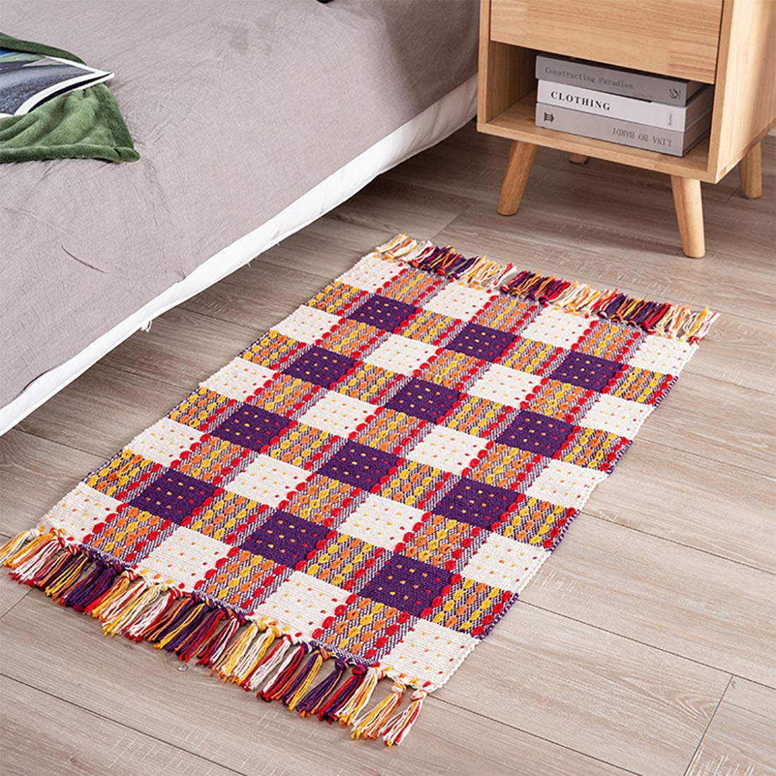 Fennco Styles Multicolor Woven Plaid Hand Knotted Tassel Boho Small Area Rug - Cotton Blend Carpet Indoor Outdoor Floor Mat for Living Room, Entryway, Bedroom and Floor Décor
