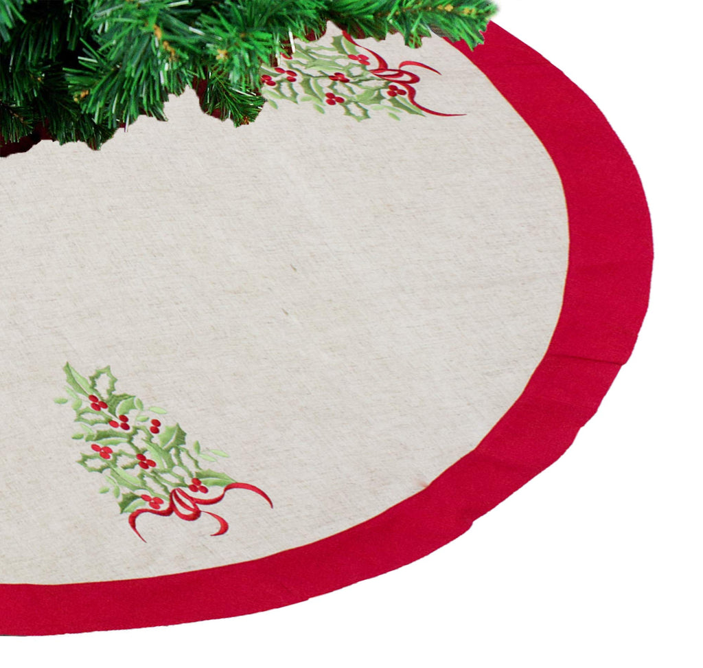 Fennco Styles Embroidered Holly Christmas Tree Holiday Decorative Tree Skirt