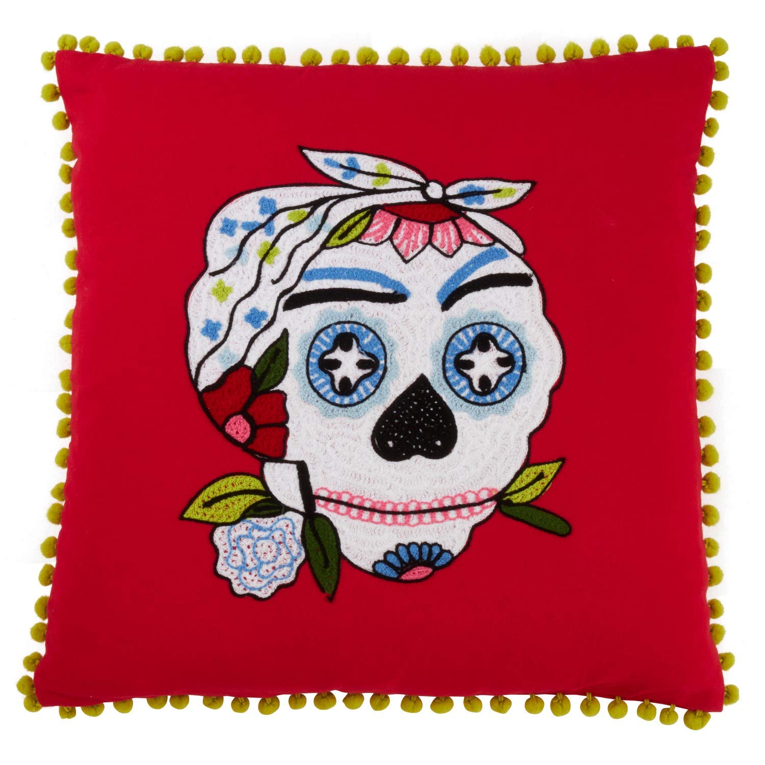 Fennco Styles Día de Los Muertos Collection Pompom Trim Variety Design Embroidered 18 x 18 Inch Throw Pillow and Case – Multicolor Pillow and Case for Couch, Bedroom and Living Room Décor