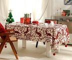 Fennco Styles Red Deer and Floral Pom Pom Christmas Tablecloth - Cotton Blend Festive Table Cover for Winter Holidays, Banquets, Family Gatherings and Special Occasions