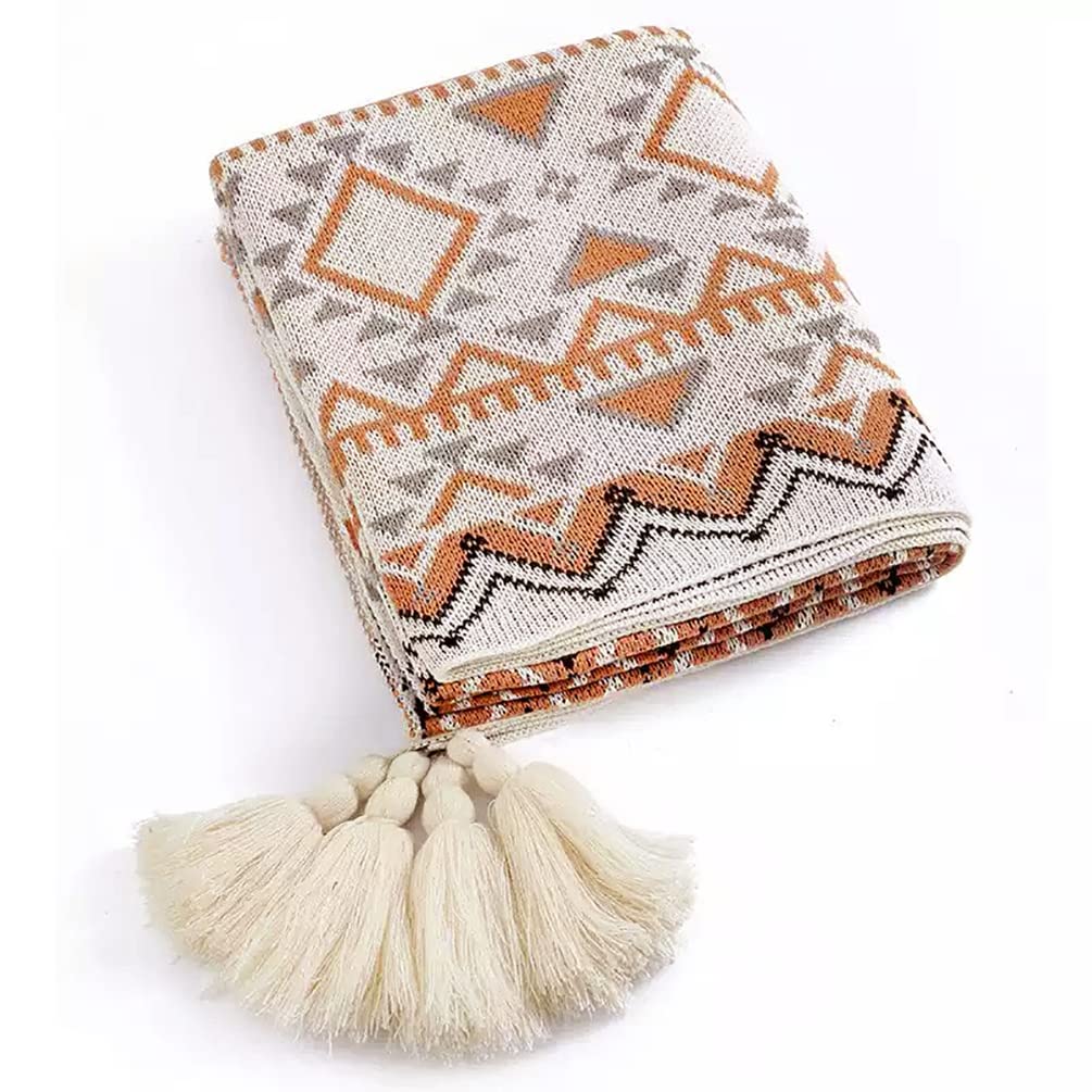 Fennco Styles Geometric Boho Knitted Throw Blanket with Tassel 50" W x 60" L – Multicolored Soft Lightweight Blanket for Couch, Bedroom, Living Room and Office Décor