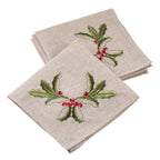 Fennco Styles Embroidered Holly Design Christmas Linen Blend Tablecloth - Natural Table Cover for Home Décor, Banquets, Holiday Gathering and Special Events