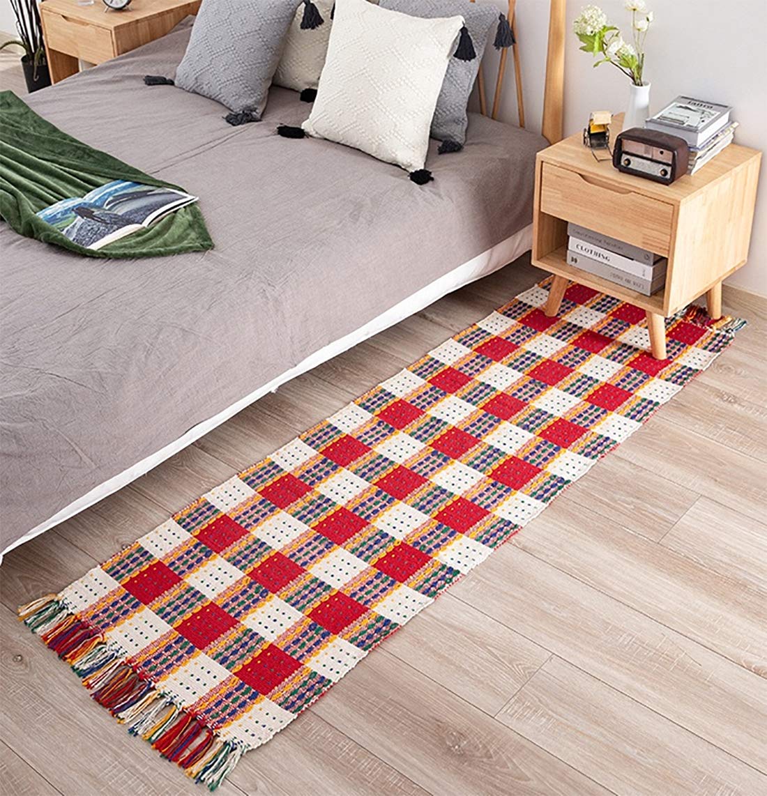 Fennco Styles Multicolor Woven Plaid Hand Knotted Tassel Boho Small Area Rug - Cotton Blend Carpet Indoor Outdoor Floor Mat for Living Room, Entryway, Bedroom and Floor Décor