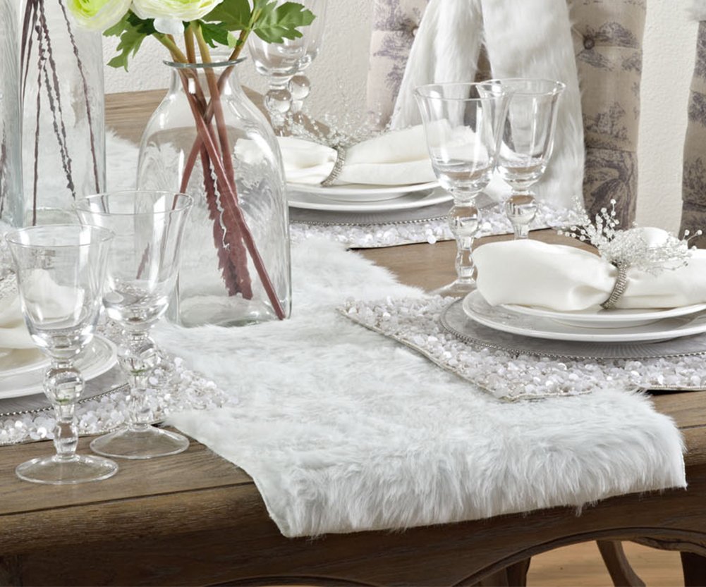 Fennco Styles Elegant White Faux Fur Table Runner - Solid Color Table Cover for Home, Dining Room, Banquets, Holiday, Special Occasion