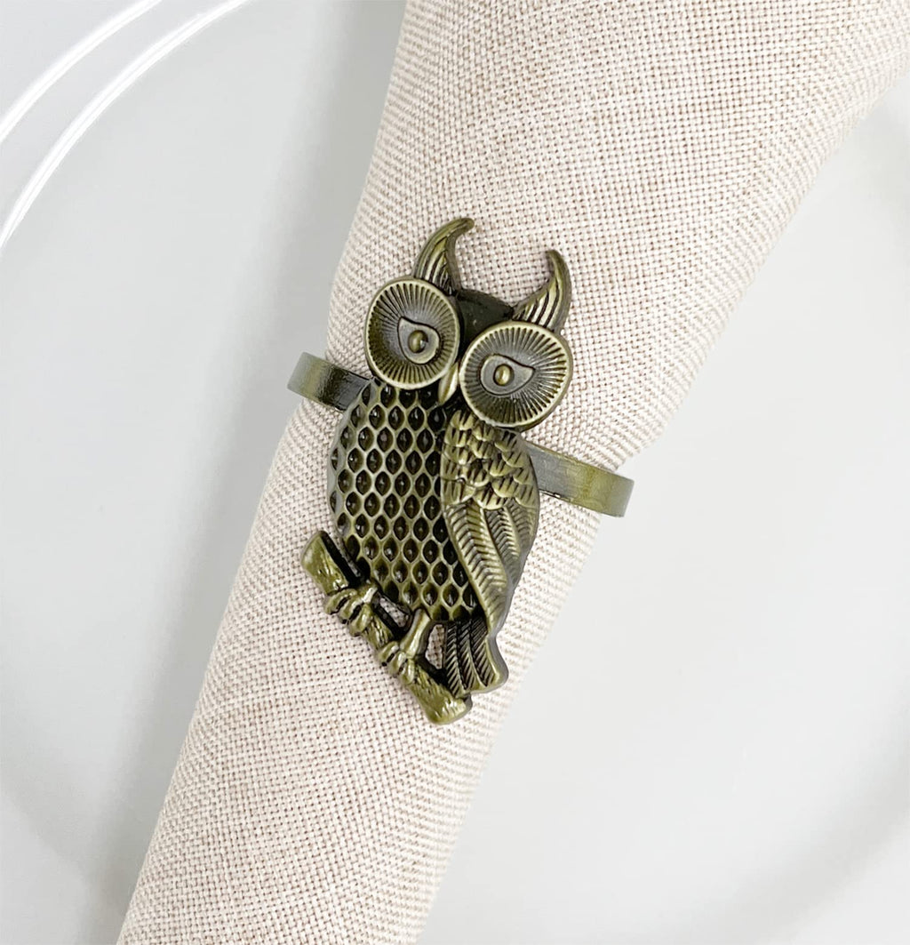 Fennco Styles Perched Owl Metal Napkin Rings, Set of 4 - Animal Napkin Holders for Home Décor, Dining Table, Banquets, Family Gathering and Special Occasions