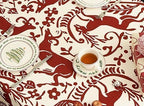 Fennco Styles Red Deer and Floral Pom Pom Christmas Tablecloth - Cotton Blend Festive Table Cover for Winter Holidays, Banquets, Family Gatherings and Special Occasions