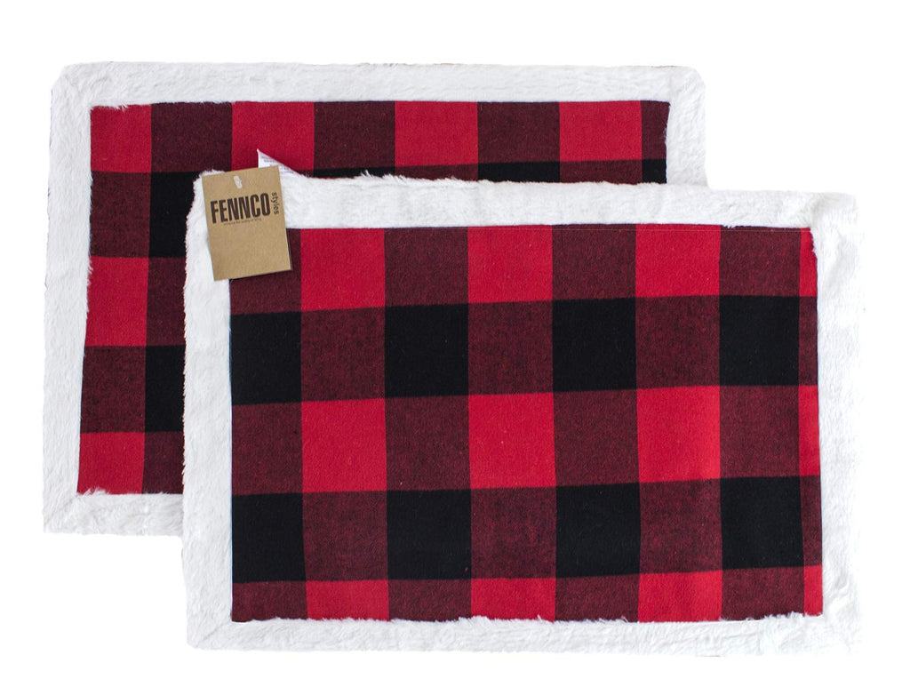 Fennco Styles Holiday Buffalo Plaid Red and Black with White Faux Fur Border Design Table Runner 16" W x 72" L