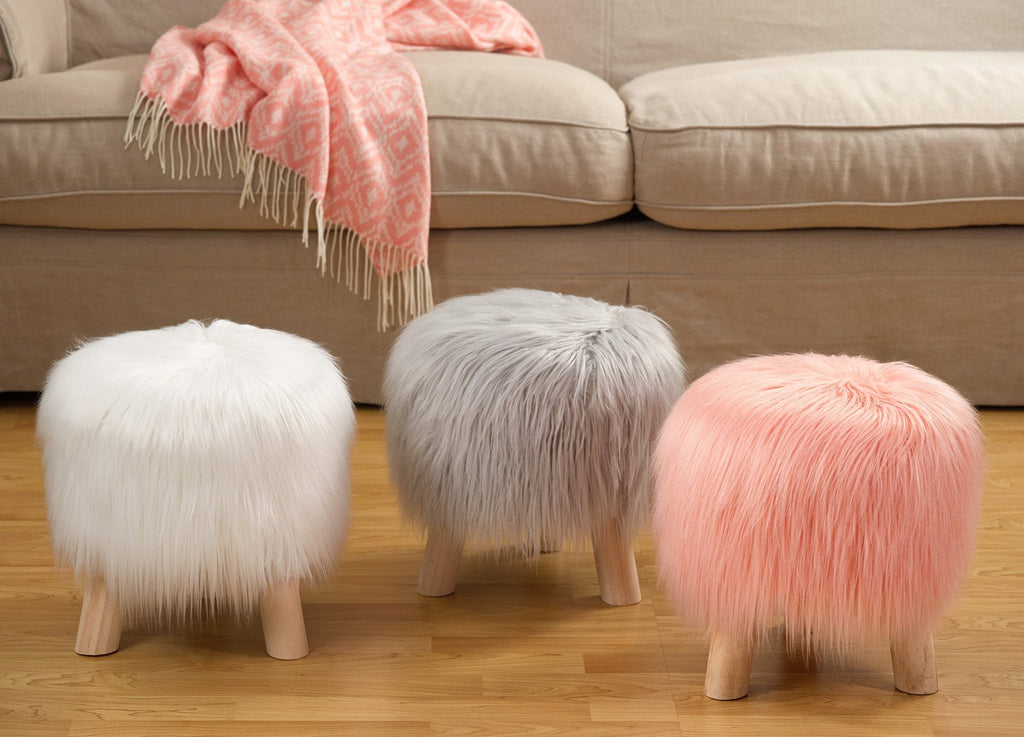 Fennco Styles Mongolian Long Hair Faux Fur Footrest Stool Small Footstool Ottoman
