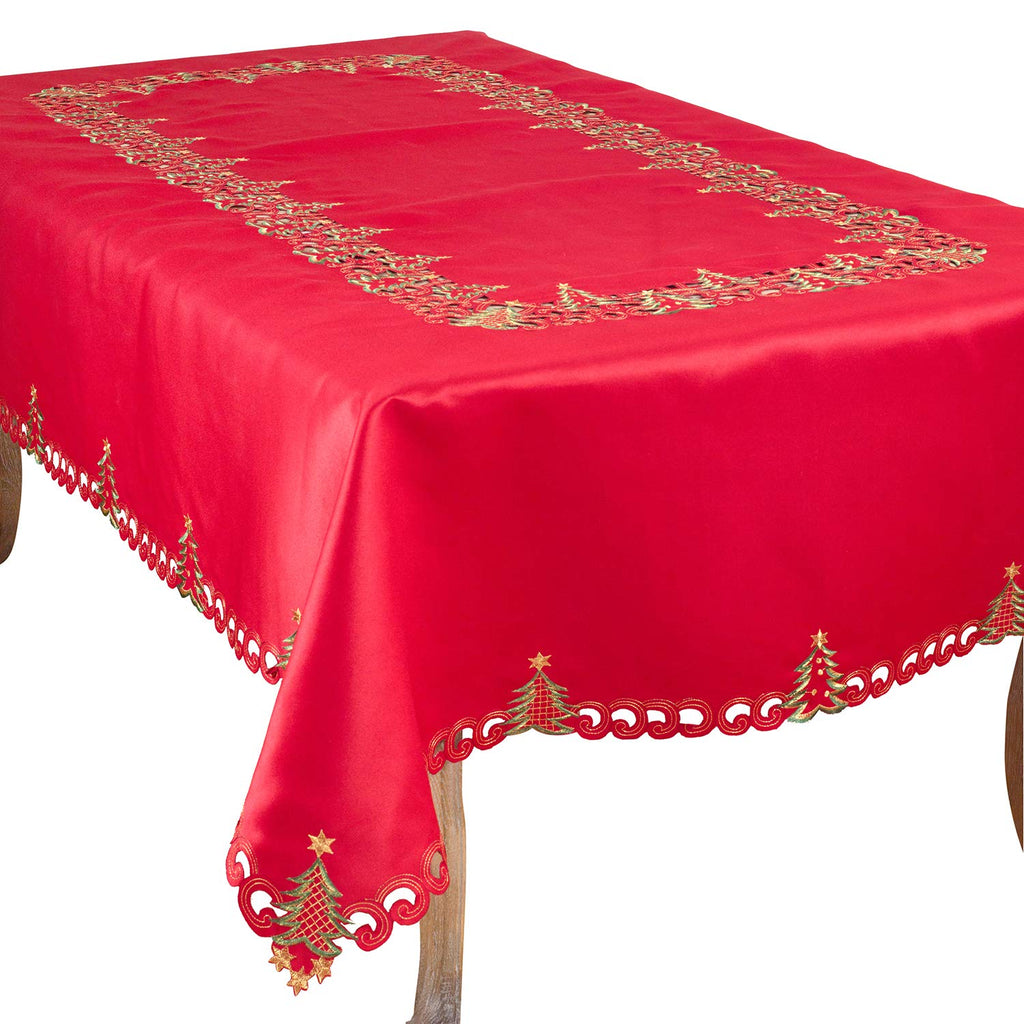 Fennco Styles Pandoro Collection Holiday Embroidered Christmas Tree Cutwork Border Table Linens – Ivory and Red Table Linens for Christmas Dinner, Family Gathering, Special Events and Home Décor