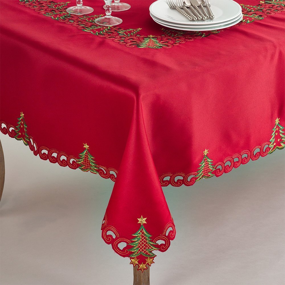 Fennco Styles Pandoro Collection Holiday Embroidered Christmas Tree Cutwork Border Table Linens – Ivory and Red Table Linens for Christmas Dinner, Family Gathering, Special Events and Home Décor