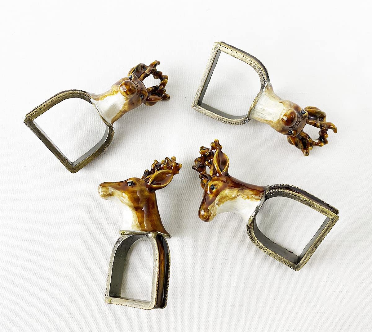 Fennco Styles Vintage Enameled Reindeer Brass Napkin Rings, Set of 4 - Bronze Metal Napkin Holders for Home, Dining Table, Christmas Décor, Holiday, Family Gathering and Special Occasion