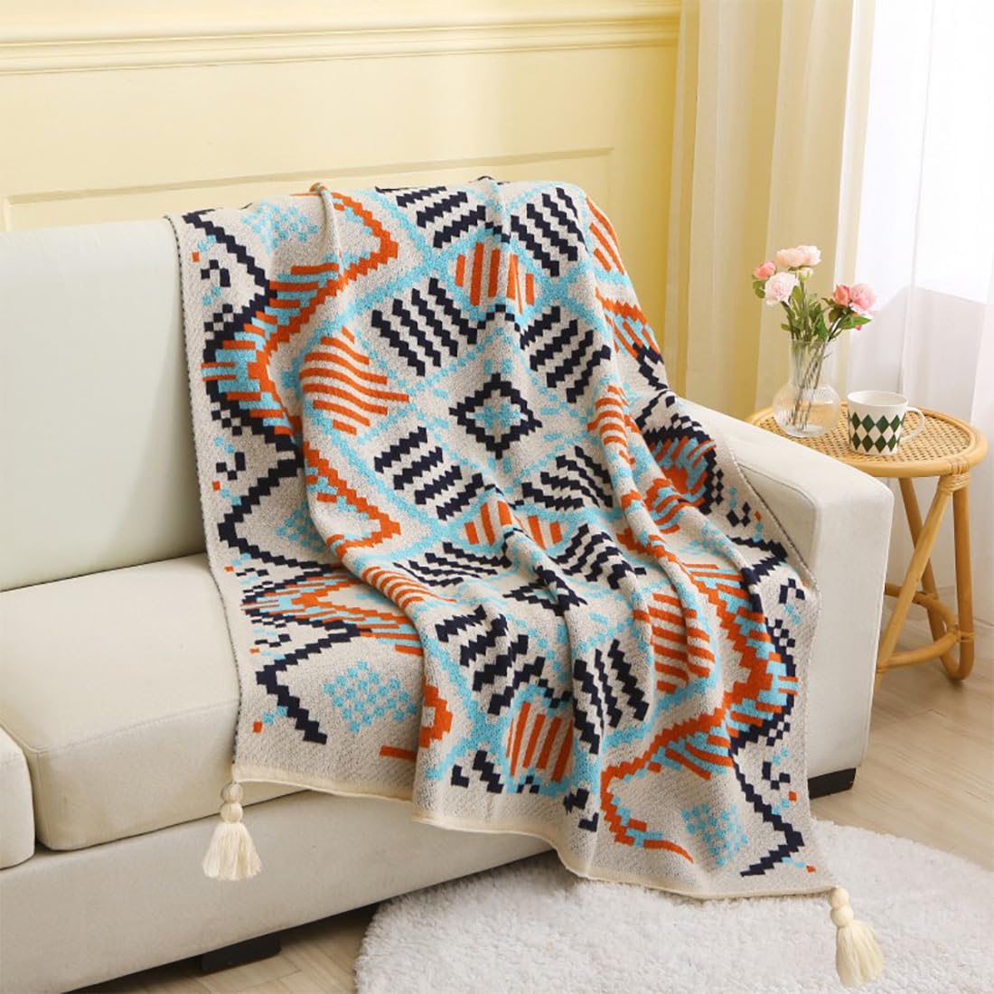 Fennco Styles Multicolored Geometric Knit Throw Blanket with Tassel 50" W x 60" L – Tribal Pattern Boho Lightweight Blanket for Couch, Bedroom, Living Room and Office Décor
