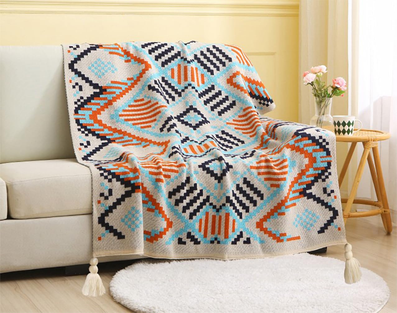 Fennco Styles Multicolored Geometric Knit Throw Blanket with Tassel 50" W x 60" L – Tribal Pattern Boho Lightweight Blanket for Couch, Bedroom, Living Room and Office Décor