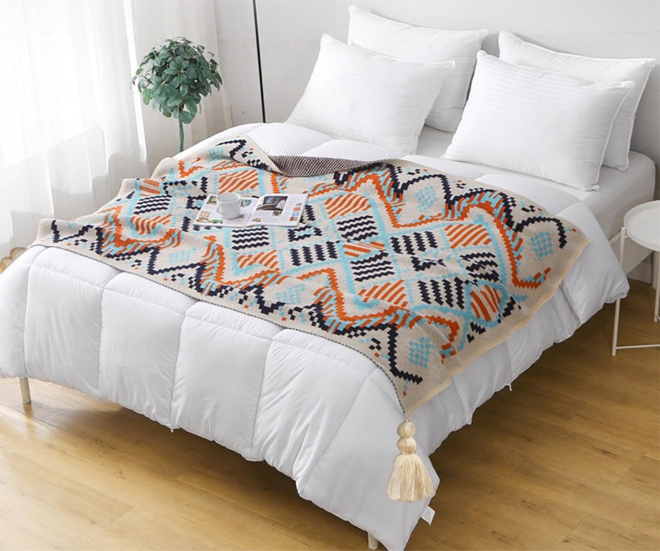 Fennco Styles Multicolored Geometric Knit Throw Blanket with Tassel 50" W x 60" L – Tribal Pattern Boho Lightweight Blanket for Couch, Bedroom, Living Room and Office Décor