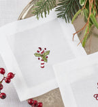 Fennco Styles Embroidered Christmas Cocktail Napkins 6" W x 6" L, Set of 4 - White Cloth Coasters for Dining Table, Family Gatherings, Holidays, Banquets & Home Décor