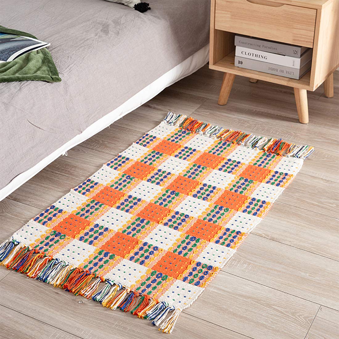 Fennco Styles Multicolor Woven Plaid Hand Knotted Tassel Boho Small Area Rug - Cotton Blend Carpet Indoor Outdoor Floor Mat for Living Room, Entryway, Bedroom and Floor Décor