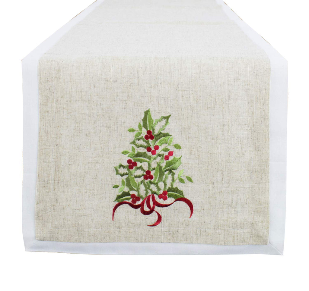 Fennco Styles Embroidered Holly Christmas Tree Double-Layer Holiday Tablecloth