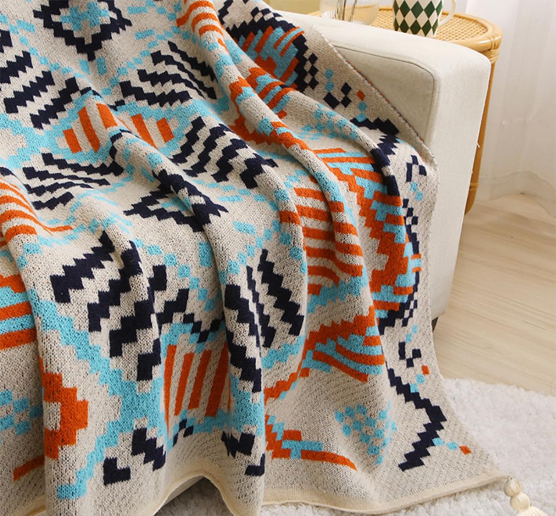 Fennco Styles Multicolored Geometric Knit Throw Blanket with Tassel 50" W x 60" L – Tribal Pattern Boho Lightweight Blanket for Couch, Bedroom, Living Room and Office Décor