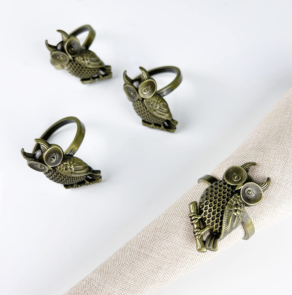 Fennco Styles Perched Owl Metal Napkin Rings, Set of 4 - Animal Napkin Holders for Home Décor, Dining Table, Banquets, Family Gathering and Special Occasions