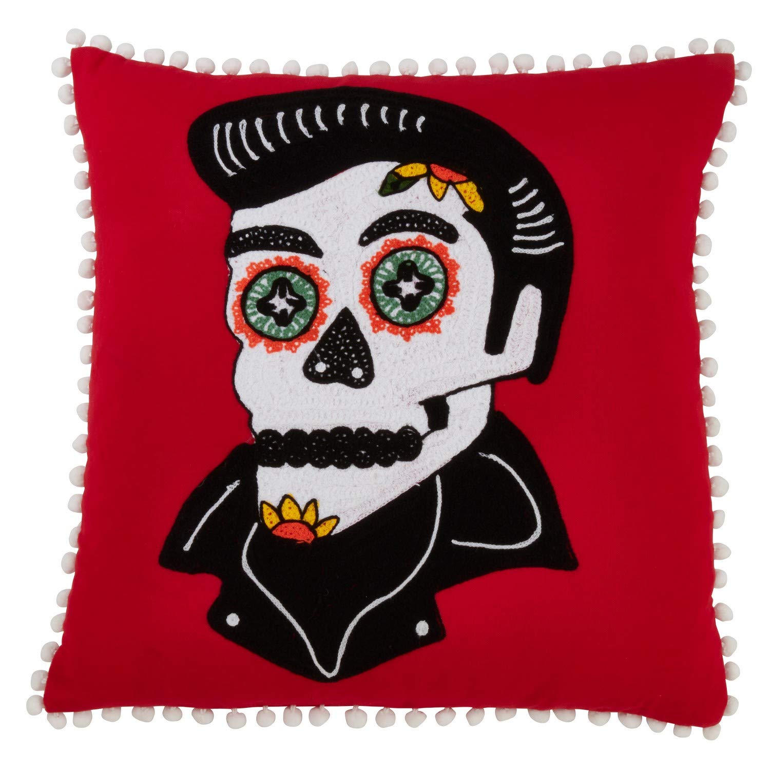 Fennco Styles Día de Los Muertos Collection Pompom Trim Variety Design Embroidered 18 x 18 Inch Throw Pillow and Case – Multicolor Pillow and Case for Couch, Bedroom and Living Room Décor