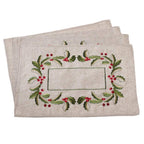 Fennco Styles Embroidered Holly Design Christmas Linen Blend Tablecloth - Natural Table Cover for Home Décor, Banquets, Holiday Gathering and Special Events