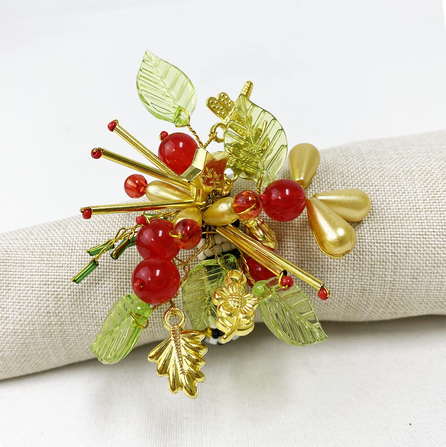 Fennco Styles Hand Beaded Holiday Flower Napkin Rings, Set of 4 - Multicolored Bead Festive Napkin Holders for Home, Dining Room, Banquet, Family Gathering, Christmas Décor and Special Occasion