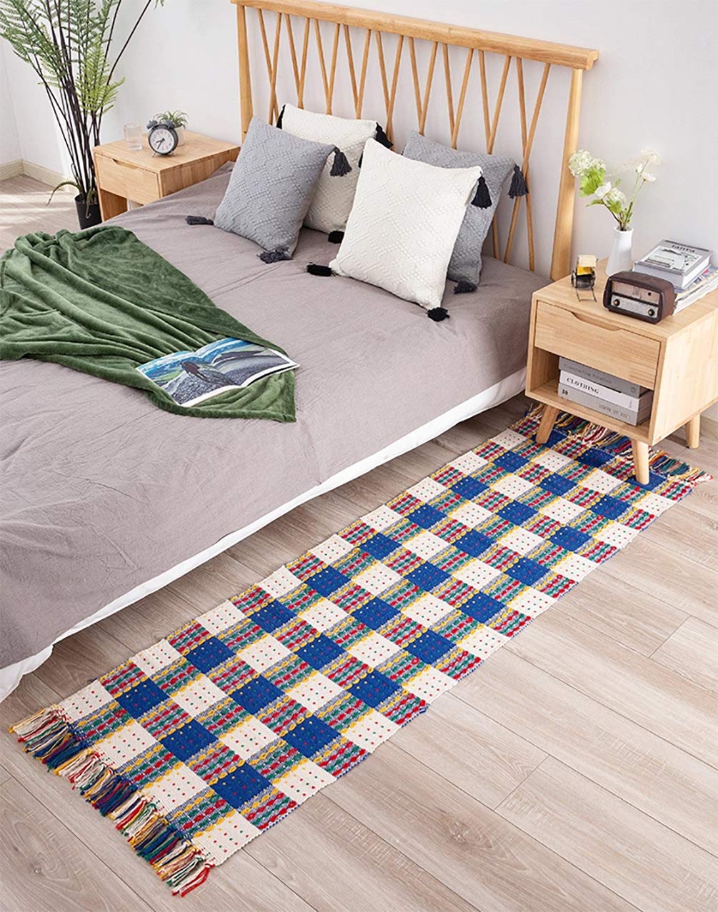 Fennco Styles Multicolor Woven Plaid Hand Knotted Tassel Boho Small Area Rug - Cotton Blend Carpet Indoor Outdoor Floor Mat for Living Room, Entryway, Bedroom and Floor Décor