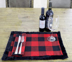 Fennco Styles Unique Christmas Buffalo Plaid Red and Black with Faux Fur Border Design Placemat (Black Fur Placemat 13"x19" Set of 4)