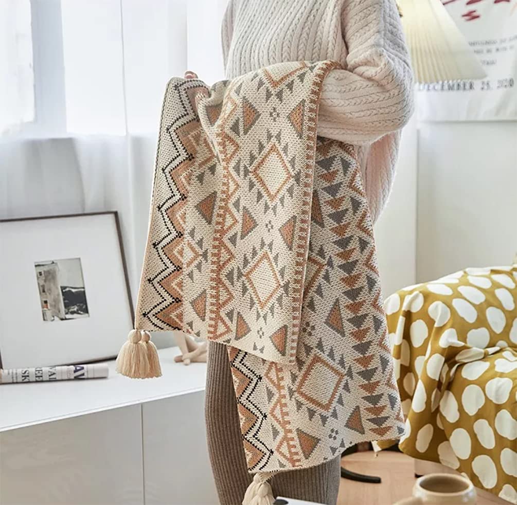 Fennco Styles Geometric Boho Knitted Throw Blanket with Tassel 50" W x 60" L – Multicolored Soft Lightweight Blanket for Couch, Bedroom, Living Room and Office Décor