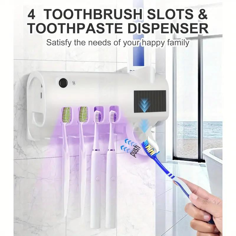 3-In-1 Toothbrush Holder with Smart Automatic Toothpaste Dispenser USB Charging Wall-Mounted Bathroom Storage Box Holds up to 4 Brushes Simultaneously Space-Saving