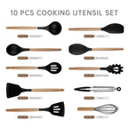 Silicone Cooking Utensils Set 10 Pcs - BPA Free Kitchen Utensil Set with Heat-Resistant Wood Handles, Non-Scratch Spatula Set Safe for Nonstick Cookware (Black)