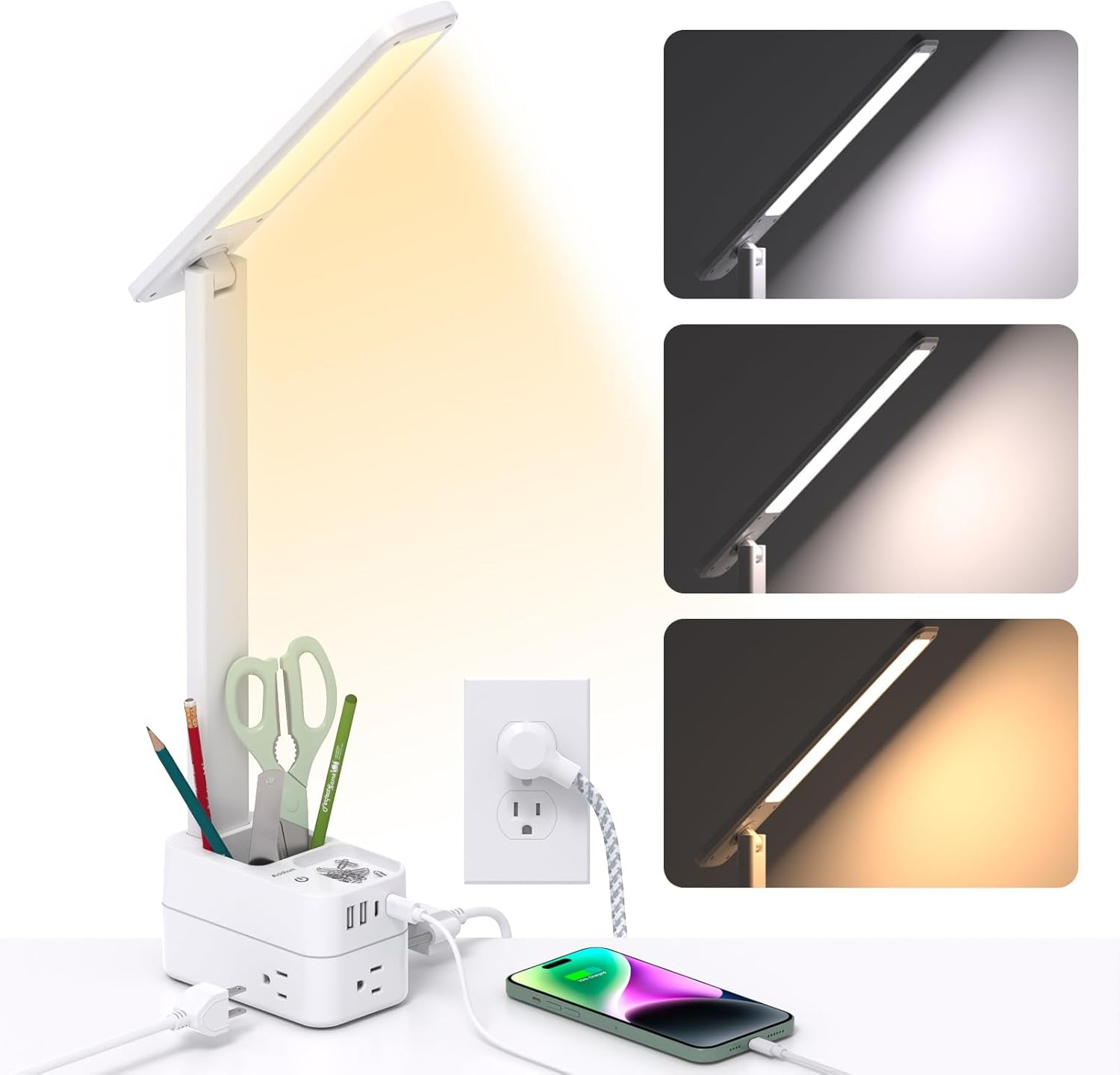 Addtam LED Touch Desk Lamp, Power Strip with 3 Outlets 4 USB Charging Ports(2 USBC)